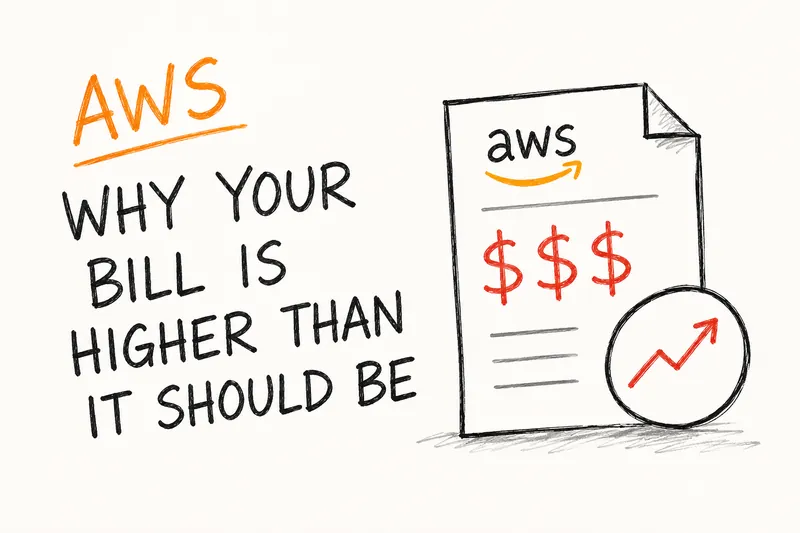 AWS Cost Optimization: How We Helped a Startup Cut Their AWS Bill by 30% — hand-drawn illustration of an AWS bill with red dollar signs and a rising cost arrow
