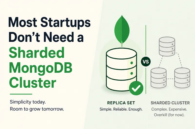 Most Startups Don't Need a Sharded MongoDB Cluster — hand-drawn diagram comparing MongoDB replica set vs sharded cluster — replica set marked simple and reliable