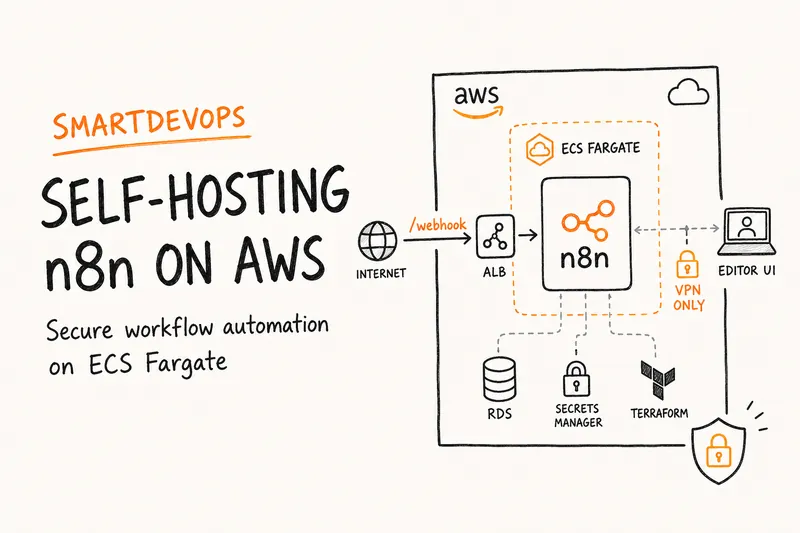 Self-Hosted n8n on AWS: The Secure ECS Fargate Setup We Built for a Client — hand-drawn architecture diagram of n8n on ECS Fargate with a webhook ALB and VPN-only editor